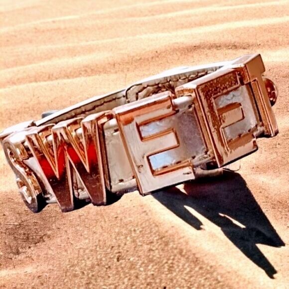 CUFF BCBG SILVER LEATHER 3/4" "#SWEET" ROSE GOLD Tone SLIDE Letters 7-7 1/2" - Picture 2 of 13